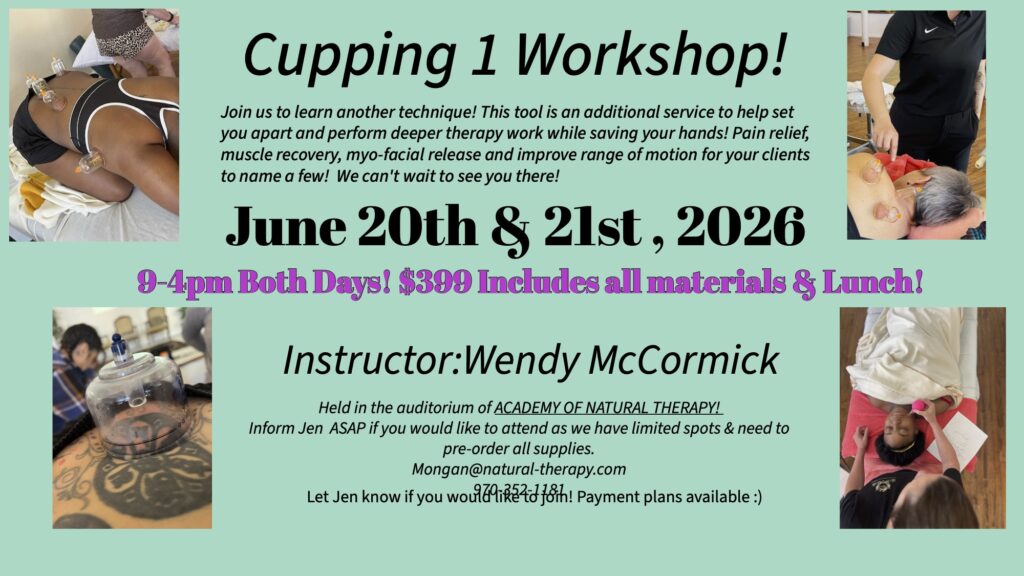 Cupping 1 Workshop June 20-21 at the Academy of Natural Therapy